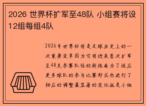 2026 世界杯扩军至48队 小组赛将设12组每组4队